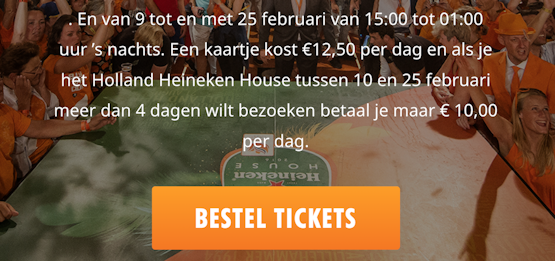 3 dagen entree Holland Heineken House: 75 euro (12,50 pppd)