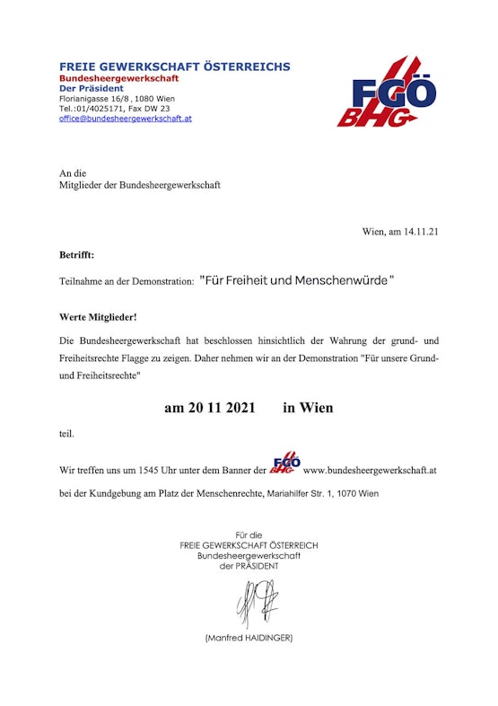 De brief van het pro-FPÖ-clubhuis voor militairen