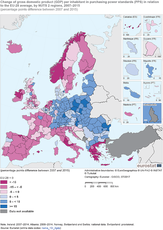 Eurostat - Groei BBP per regio 2007 - 2015