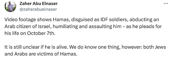 7 oktober: Hamas verkleed als IDF-soldaten gijzelen Arabische Israeli
