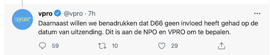 VPRO tweet over uitzenddatum: