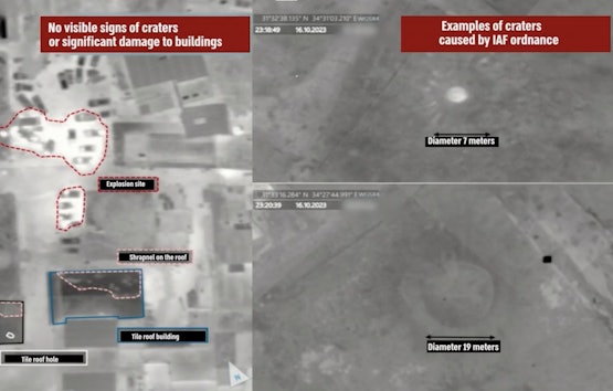 Still uit dronevideo: geen IAF-inslagkraters op brandend parkeerterrein