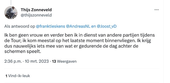 UPDATE - Thijs Zonneveld kreeg 'nauwelijks' iets mee van sfeer bij Avondetappe