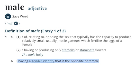 "having a gender identity that is the opposite of female"