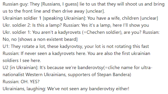 UKR soldaten maken geintje met Rus POW: "We zijn Banderovtsy - geintje"
